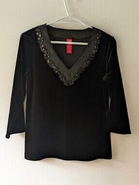 Olsen Europe Black Velvet Sequin V-Neck Top 3/4 Sleeve Blouse Elegant Chic 6 / S